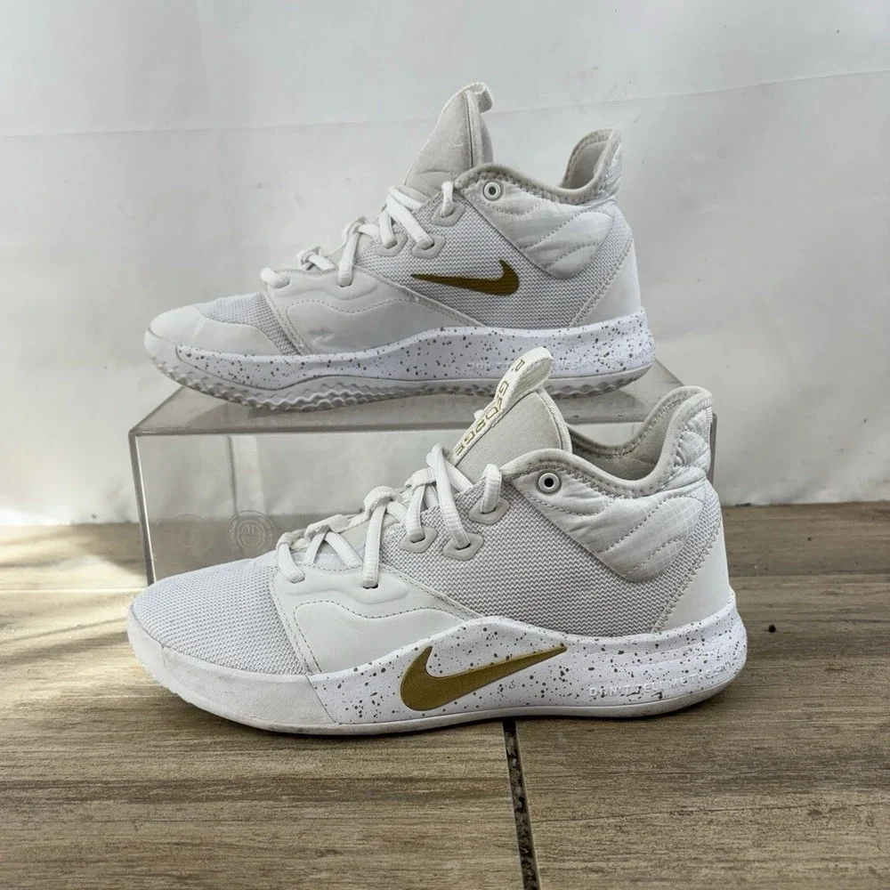 Nike PG 3 White Metallic Gold Speckled Basketball Shoes AV7928-991 Kids Size 7Y‎